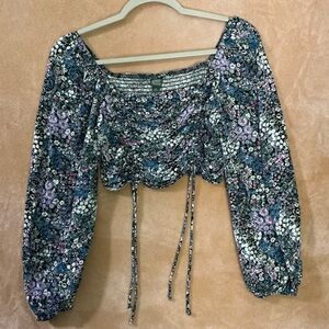 Wild Fable Blue Green Puff Sleeve Crop Blouse